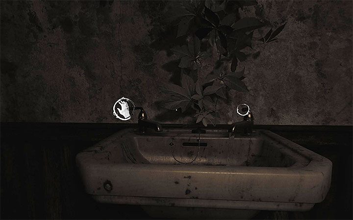 Gehen Sie nun zum Waschbecken und drehen Sie den linken Wasserhahn (Bild oben) – Pot and the Shadows Puzzles |  Layers of Fear 2-Rätsellösungen – Akt 3 – Bloody Roots – Layers of Fear 2-Leitfaden