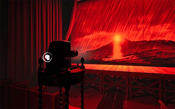 Gehen Sie zum Projektor und bewegen Sie sich zwischen den Bildern, bis eine Figur auf der Leinwand erscheint, die wie ein Leuchtturm aussieht (siehe Bild) - Das vierte Rätsel mit dem Projektor |  Layers of Fear 2-Rätsellösungen – Akt 4 – Atmen – Layers of Fear 2-Leitfaden