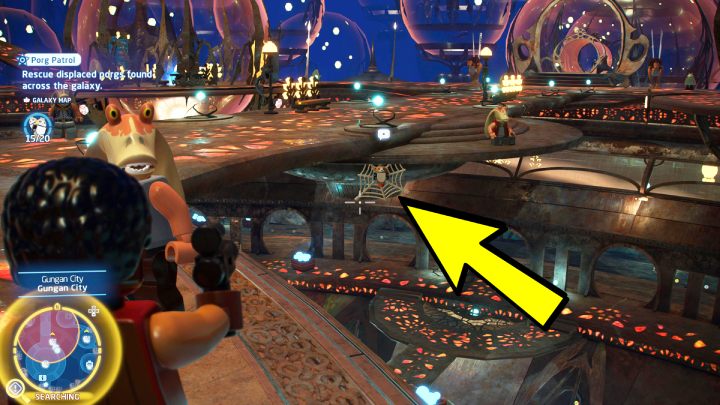 The porg is trapped in a spider web under the bridge - LEGO Skywalker Saga: Porg Patrol - walkthrough - Challenges - LEGO Skywalker Saga Guide