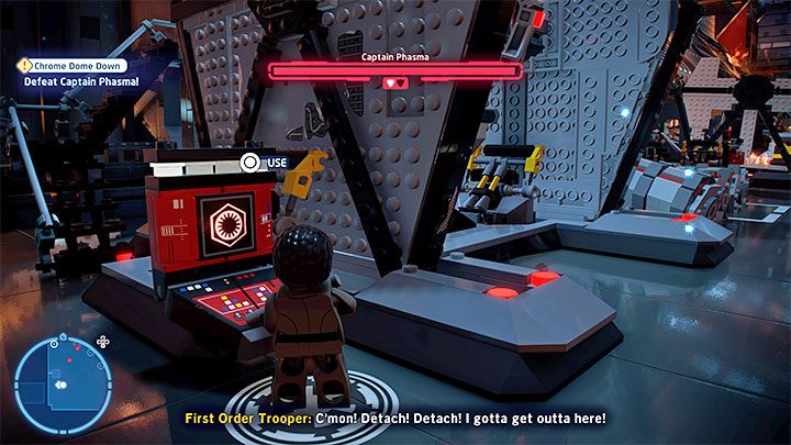 First, run to the left and, playing as Finn, interact with the red terminal shown in the picture - LEGO Skywalker Saga: Captain Phasma, Episode 8 - boss, how to defeat? - Bosses - LEGO Skywalker Saga Guide