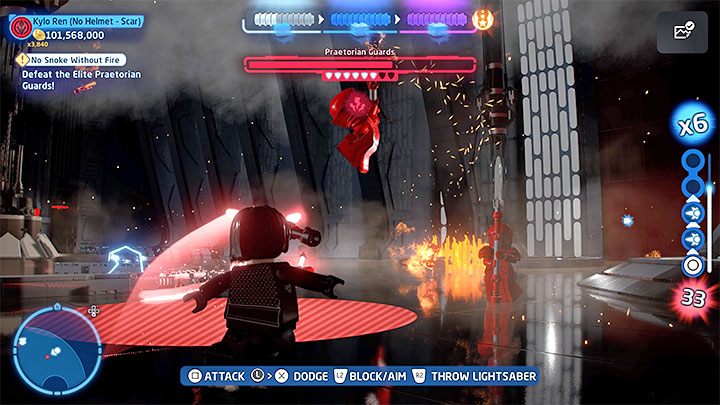 The Praetorians have access to some strong attacks - avoid the red lines and circles by jumping to the side - LEGO Skywalker Saga: No Snoke Without Fire - walkthrough - Episode 8 - The Last Jedi - LEGO Skywalker Saga Guide