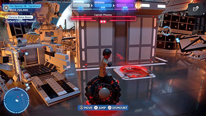 Under the ledge where Phasma is located, you'll find a sphere (screenshot 1) Jump on it and drive it to the nearby slot (screenshot 2) Captain Phasma will take damage again, and thus begins phase 2 of the encounter - LEGO Skywalker Saga: Chrome Dome Down - walkthrough - Episode 8 - The Last Jedi - LEGO Skywalker Saga Guide