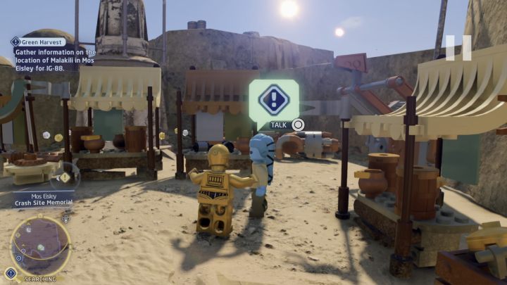 While controlling the protocol droid, talk to the city dweller standing by the door of the bar - LEGO Skywalker Saga: Green Harvest - walkthrough - Tatooine - Mos Eisley - LEGO Skywalker Saga Guide