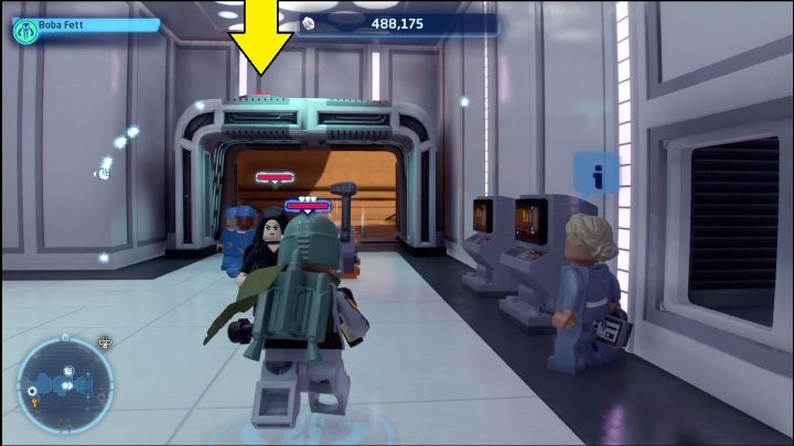 Reaching the next brick on the top floor of Cloud City requires pressing the button above the door - LEGO Skywalker Saga: Cloud City - list of all puzzles - Bespin - LEGO Skywalker Saga Guide