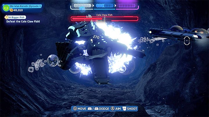 After a short while the second boss, the Colo Claw Fish, will appear - LEGO Skywalker Saga: A Bigger Fish - walkthrough - Episode 1 - The Phantom Menace - LEGO Skywalker Saga Guide