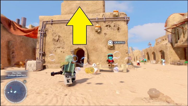 This brick is locked in a crate on the top of the building - LEGO Star Wars The Skywalker Saga: Mos Eisley - list of all puzzles - Tatooine - LEGO Skywalker Saga Guide