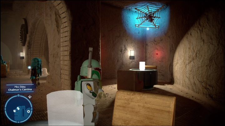 The brick is hidden inside the building, in a gap on the left - LEGO Star Wars The Skywalker Saga: Mos Eisley - list of all puzzles - Tatooine - LEGO Skywalker Saga Guide
