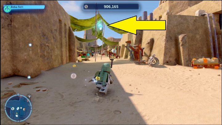 The brick is in the south-western part of the map, between two buildings - LEGO Star Wars The Skywalker Saga: Mos Eisley - list of all puzzles - Tatooine - LEGO Skywalker Saga Guide