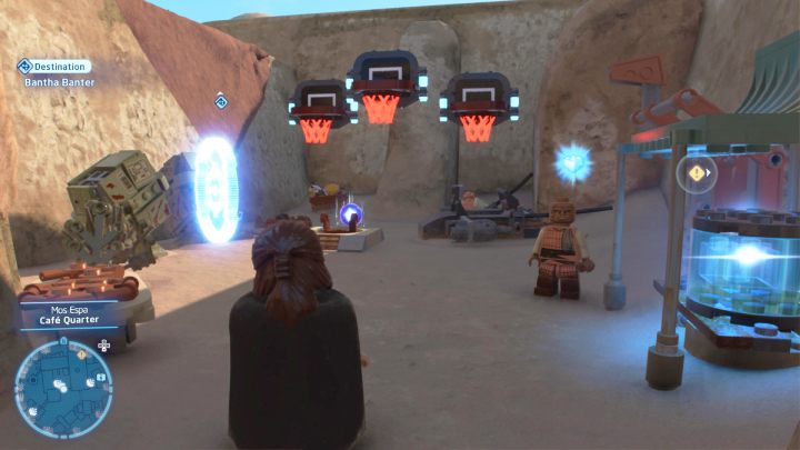 To start the game of Booma Ball, you need to enter the blue marker next to the baskets in Cafe Quarter in the north-eastern part of Mos Espa - LEGO Skywalker Saga: Bantha Banter - walkthrough - Trials - LEGO Skywalker Saga Guide