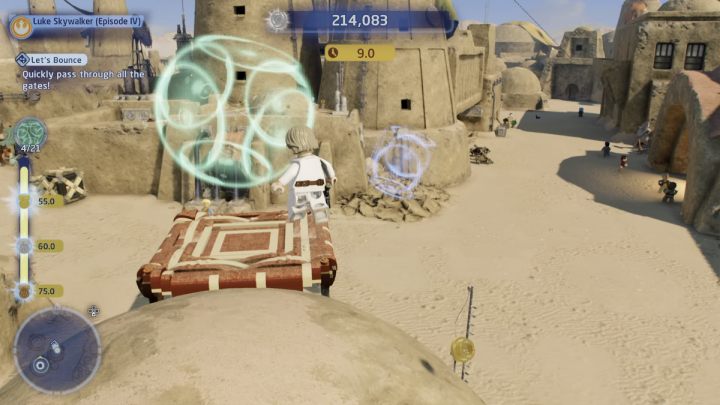 Use the trampolines and handles to get to the starting point - LEGO Skywalker Saga: Bantha Banter - walkthrough - Trials - LEGO Skywalker Saga Guide