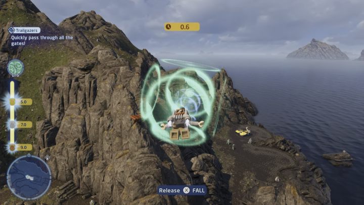 To complete the trial, you have to pass through all 6 gates one by one by using a Glider, one of the Scavenger's gadgets - LEGO Skywalker Saga: Ahch-To - trial, walkthrough - Trials - LEGO Skywalker Saga Guide