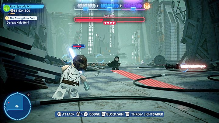 Make sure to dodge his attacks - LEGO Skywalker Saga: Kylo Ren - boss, how to beat? - Bosses - LEGO Skywalker Saga Guide