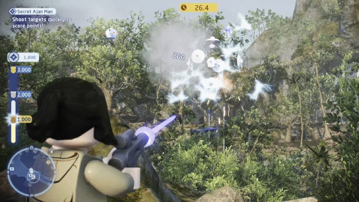 To complete the trial, you have to score as many points as possible by shooting down flying droids within 60 seconds - LEGO Skywalker Saga: Ajan Kloss - trials, walkthrough - Trials - LEGO Skywalker Saga Guide