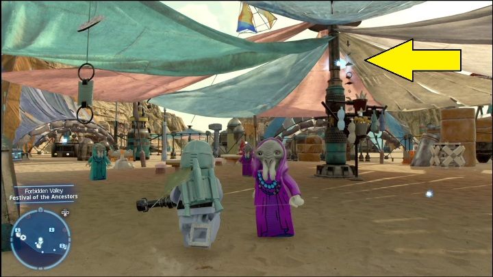 This brick is hanging right under the roof - LEGO Skywalker Saga: Forbidden Valley - list of all puzzles - Pasaana - LEGO Skywalker Saga Guide