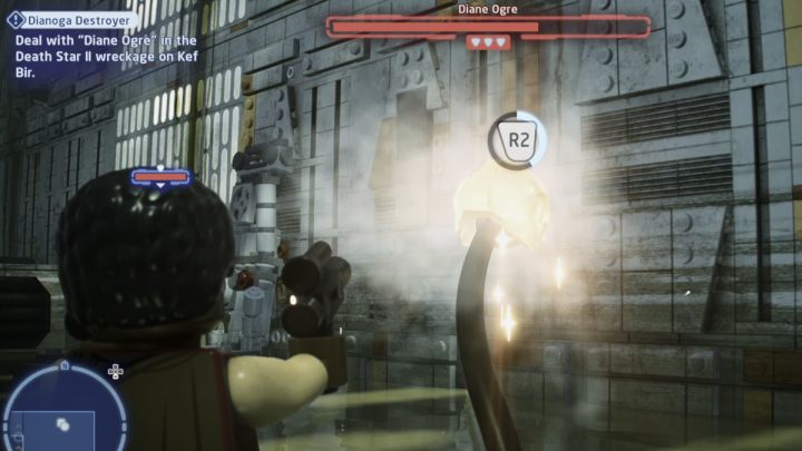 To smash the helmet, switch to Bounty Hunter and shoot it until you fill the circle above the eye - LEGO Skywalker Saga: Dianoga Destroyer - walkthrough - Kef Bir - Disaster site - LEGO Skywalker Saga Guide