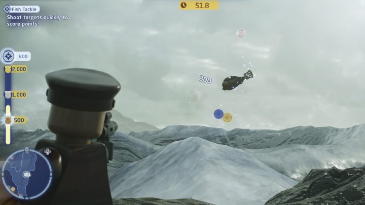 The trial is about scoring as many points as possible by shooting the fish that pop out of the water - LEGO Skywalker Saga: Kef Bir - trials, walkthrough - Trials - LEGO Skywalker Saga Guide