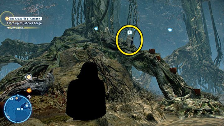 You have to jump over the protruding small trunks to reach the Wookiee shown in the screenshot, standing at the base of one of the big trees - LEGO Skywalker Saga: Wheres the Wookiee? - list of all (part 1) - Challenges - LEGO Skywalker Saga Guide