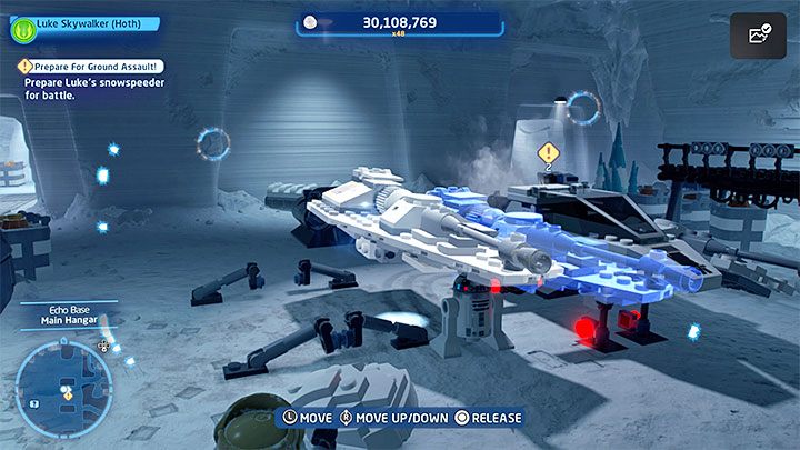 The second step is to use the Force to move the wing and attach it to the right side of the machine - LEGO Skywalker Saga: Assault on Echo Base - walkthrough - Episode 5 - The Empire Strikes Back - LEGO Skywalker Saga Guide