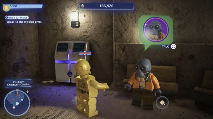 While controlling the protocol droid, talk to the quest giver at the door in the canteen - LEGO Skywalker Saga: Baba Bar Brawl - walkthrough - Tatooine - Mos Eisley - LEGO Skywalker Saga Guide