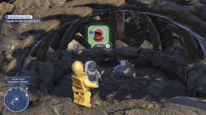 While controlling the Protocol Droid, talk to the quest giver and accept the quest - LEGO Skywalker Saga: Wheelbarrow Woes - walkthrough - Ahch-To - Island with a temple - LEGO Skywalker Saga Guide