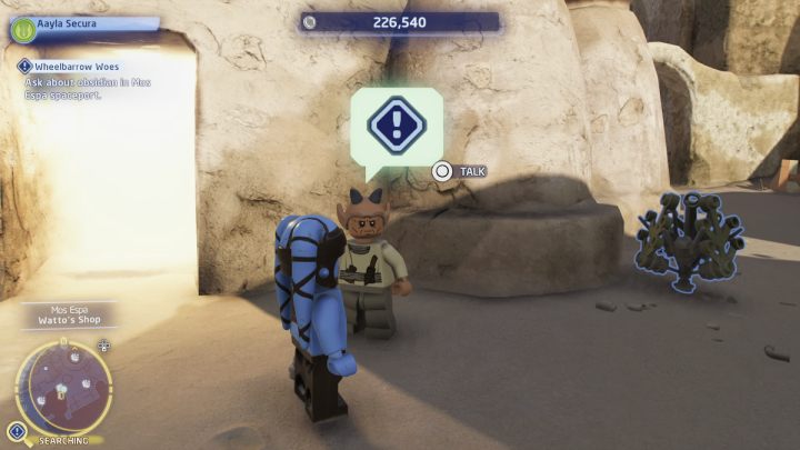 Fly to Mos Espa on the planet Tatooine and talk to the man standing at the city gate - LEGO Skywalker Saga: Wheelbarrow Woes - walkthrough - Ahch-To - Island with a temple - LEGO Skywalker Saga Guide