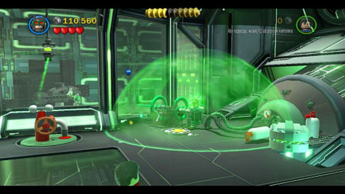 Activate invisibility, move toward valve under the camera, turn it and move to the button on the ground under the kryptonite layer (picture) - Research and Development | Walkthrough - Walkthrough - LEGO Batman 2: DC Super Heroes Game Guide & Walkthrough