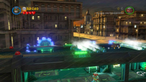 Throw Batarang at violet circle (picture) which will deactivate the camera - Chemical Signature | Walkthrough - Walkthrough - LEGO Batman 2: DC Super Heroes Game Guide & Walkthrough