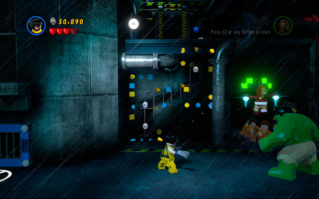 Switch to Hulk and go to the left, yanking two green handles - Rock Up at the Lock Up | Walkthrough - Walkthrough - LEGO Marvel Super Heroes Game Guide & Walkthrough