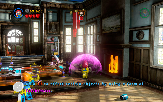 Choose Jean Grey and use all three chairs with your telekinetic powers (notice that one of them is already on the right place) - Juggernauts and Crosses | Walkthrough - Walkthrough - LEGO Marvel Super Heroes Game Guide & Walkthrough