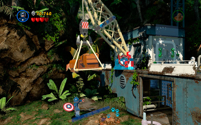 Toss a shield at the crane and climb on the platform using newly created passage - Rapturous Rise | Walkthrough - Walkthrough - LEGO Marvel Super Heroes Game Guide & Walkthrough