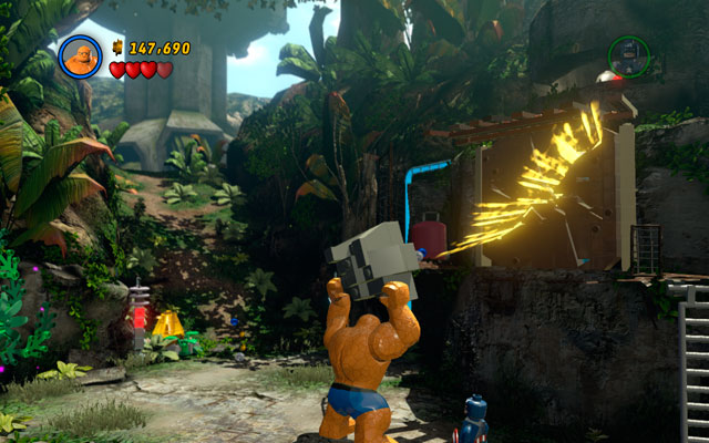Choose the Thing and lift a rock with green handles attached to it, then throw it at the enemies - Rapturous Rise | Walkthrough - Walkthrough - LEGO Marvel Super Heroes Game Guide & Walkthrough