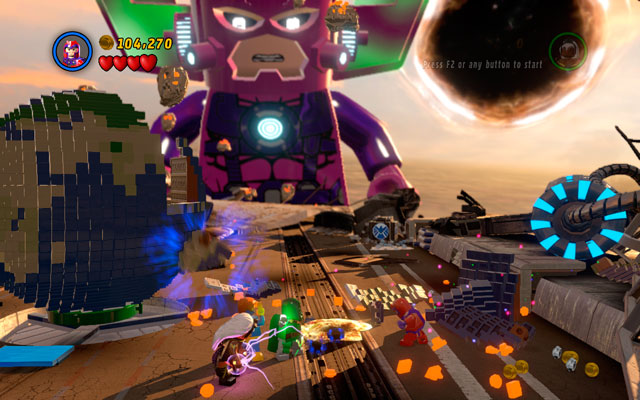 Use Cyclops laser ray to melt golden bricks lying on the left side, then build another part of the planet from the remains - The Good, the Bad and the Hungry | Walkthrough - Walkthrough - LEGO Marvel Super Heroes Game Guide & Walkthrough