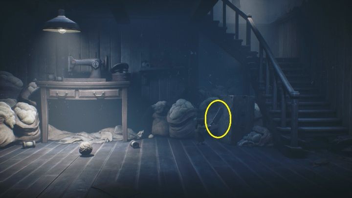 You will immediately notice a cleaver that someone has stuck in the chest right next to the stairs - Little Nightmares 2: A Cottage in the Forest - walkthrough - Chapter 1 - Forest - Little Nightmares 2 Guide
