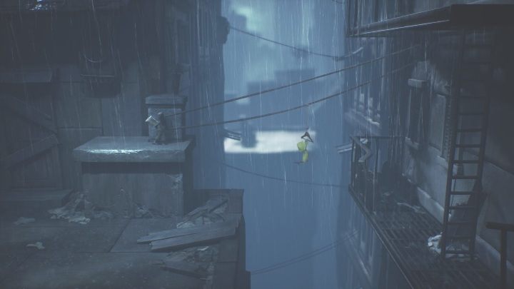 When Six gets hold of the hanger, you'll need to turn the lever the other way to transport her to the balcony - Little Nightmares 2: Crossing the city - a guide, walkthrough - Chapter 4 - Getting to the Tower - Little Nightmares 2 Guide
