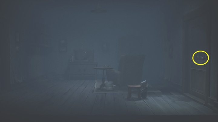 Once you have disposed of the woman, you just have to push the stool to the door and jump onto the door handle - Little Nightmares 2: Building - a guide, walkthrough - Chapter 4 - Getting to the Tower - Little Nightmares 2 Guide