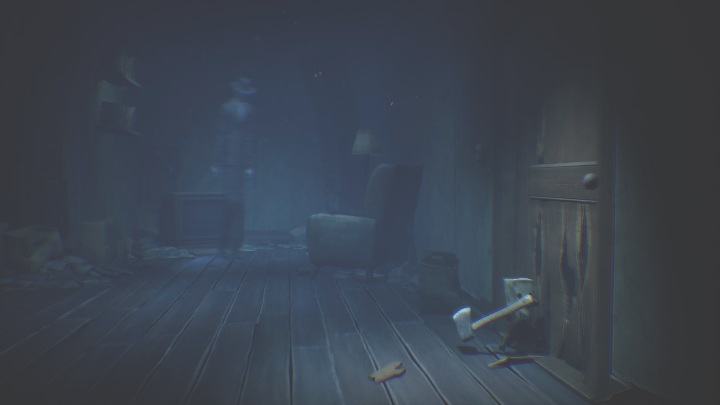 Use the axe to hit the door several times - Little Nightmares 2: Shop and Escape - walkthrough description - Chapter 4 - Getting to the Tower - Little Nightmares 2 Guide