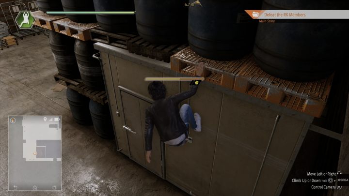 Jump up to the pipe above the air conditioner and go left until you reach the pallet between 2 barrels and climb up - Final Chapter - Darkest Before the Dawn - Main Storyline - Lost Judgment Guide