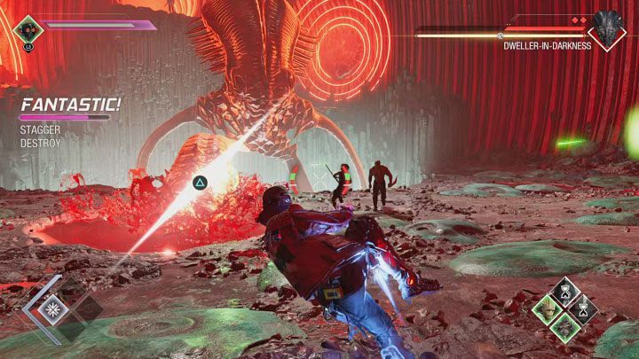 After the tentacle loses all health points, a button prompt will appear - use this special action to cut the tentacle and weaken the boss - Guardians of the Galaxy: Chapter 4 - walkthrough - Walkthrough - Guardians of the Galaxy Guide