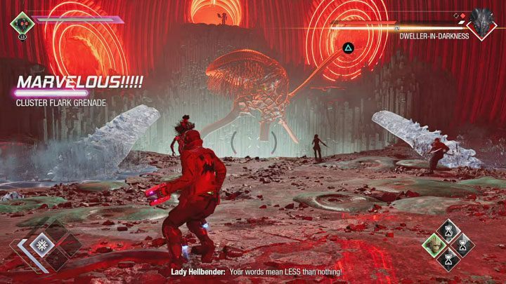 The slight difference is that the button icon for cutting off the weakened tentacle is displayed on the wall in the distance, not right next to the arena - Guardians of the Galaxy: Chapter 4 - walkthrough - Walkthrough - Guardians of the Galaxy Guide