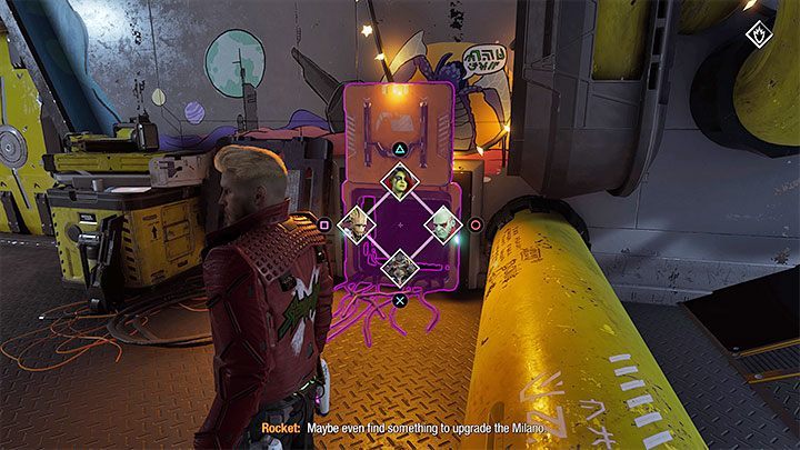 The door to Nikki's room is locked but you can easily fix this - look to the right of the door and use lightning on the switch shown on picture 1 - then send Rocket to the now-unlocked vent shaft shown on picture 2, waiting for him to open the way forward - Guardians of the Galaxy: Chapter 7 - walkthrough - Walkthrough - Guardians of the Galaxy Guide