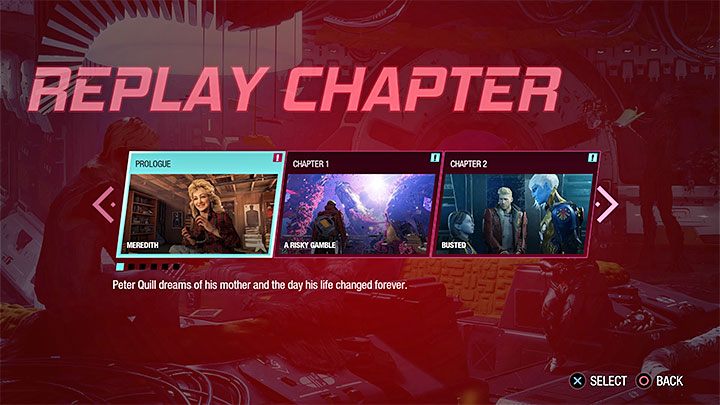 Guardians of the Galaxy does have an option to repeat a chapter, but unfortunately, this option is governed by rules that differ from most games of the genre - Guardians of the Galaxy: Trophies/Achievements - list - Trophy Guide - Guardians of the Galaxy Guide