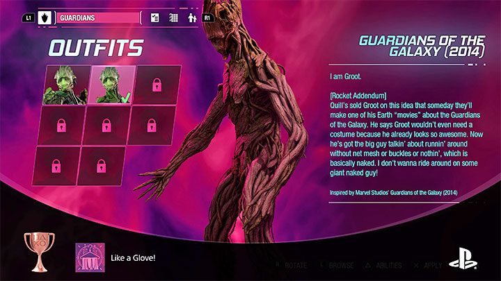 How to unlock: Find and equip one Outfit - Guardians of the Galaxy: Trophies/Achievements - list - Trophy Guide - Guardians of the Galaxy Guide
