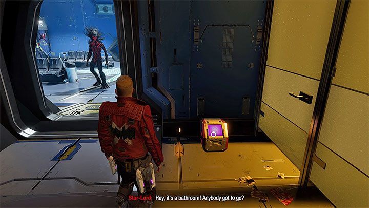 The side room turns out to be a bathroom and you will find a crate containing the secret - Guardians of the Galaxy: Chapter 5 - all secrets/collectibles, list - Secrets and Finds - Guardians of the Galaxy Guide