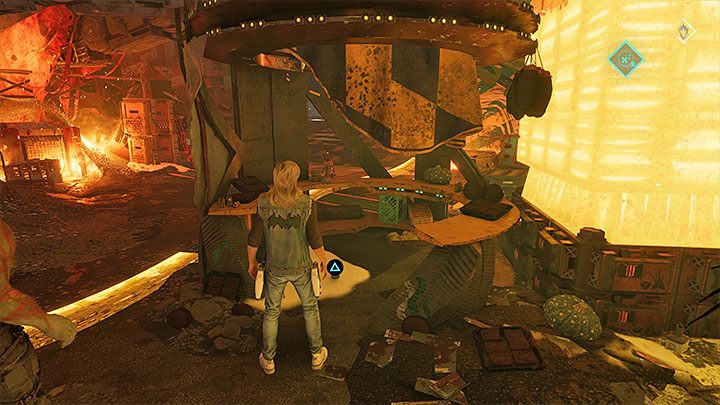 You can get the secret after riding the round elevator, specifically right after reaching the ruined marketplace visible in picture 1 - Guardians of the Galaxy: Chapter 12 - All secrets/collectibles, list - Secrets and Finds - Guardians of the Galaxy Guide