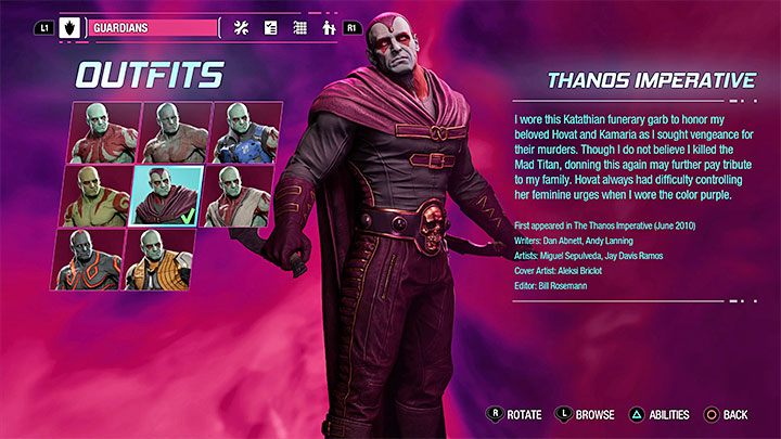 Dieses Outfit kann als Geheimnis in Kapitel 12 – Guardians of the Galaxy: Drax – Outfits – Kostüme – Guardians of the Galaxy Guide gefunden werden