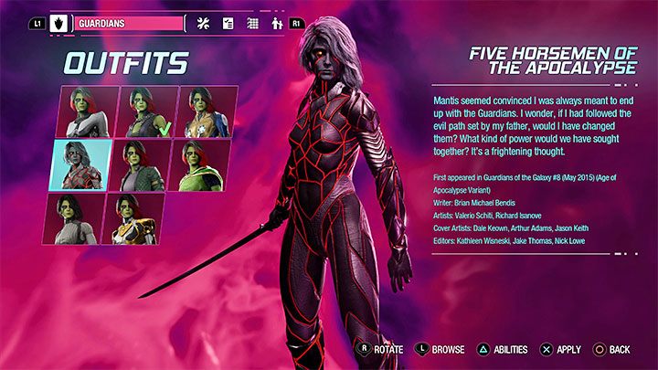 Dieses Outfit kann als Geheimnis in Kapitel 10 – Guardians of the Galaxy: Gamora – Outfits – Kostüme – Guardians of the Galaxy Guide gefunden werden