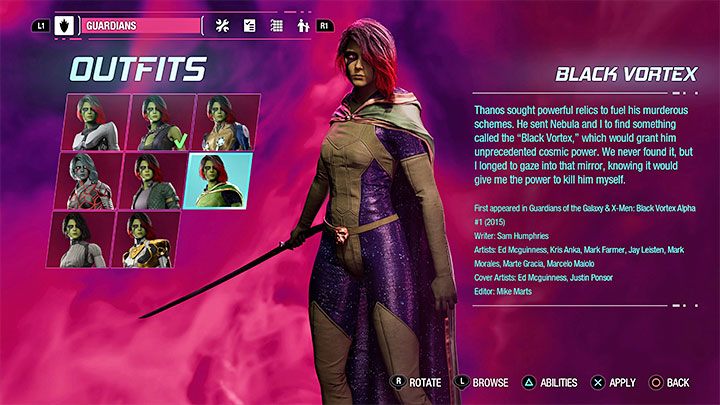 Dieses Outfit kann als Geheimnis in Kapitel 13 – Guardians of the Galaxy: Gamora – Outfits – Kostüme – Guardians of the Galaxy Guide gefunden werden