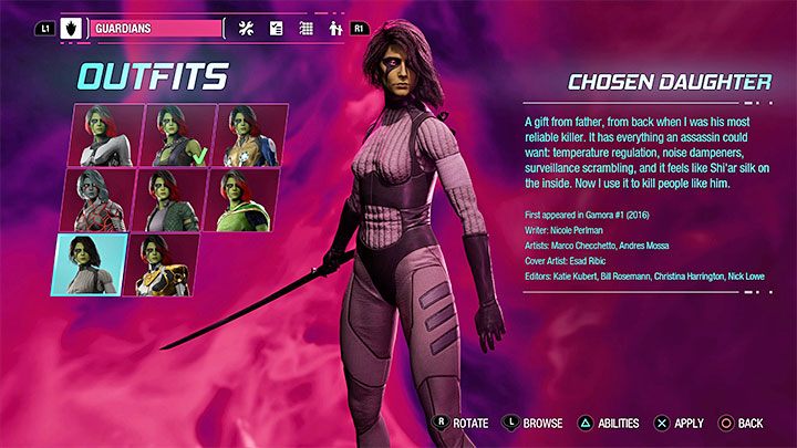 Dieses Outfit kann als Geheimnis in Kapitel 14 – Guardians of the Galaxy: Gamora – Outfits – Kostüme – Guardians of the Galaxy Guide gefunden werden