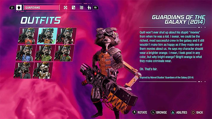 Dieses Outfit kann als Geheimnis in Kapitel 1 – Guardians of the Galaxy: Rocket – Outfits – Kostüme – Guardians of the Galaxy Guide gefunden werden