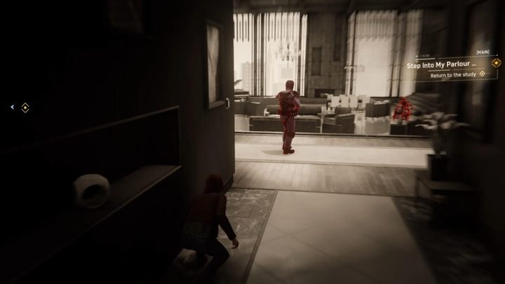 Wait for the guard to stop and run to the left - Step Into My Parlour... - Marvels Spider-Man Walkthrough - Main missions - Marvels Spider-Man Game Guide